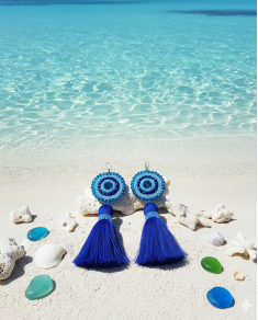 Háčkované dizajnové náušnice "50 odtieňov modrej" UNIKÁTNE